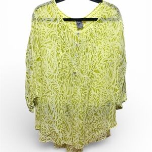 Casual Studio from Nordstrom Chartreuse Tropical Pintuck 3/4 Sleeve Sheer Blouse